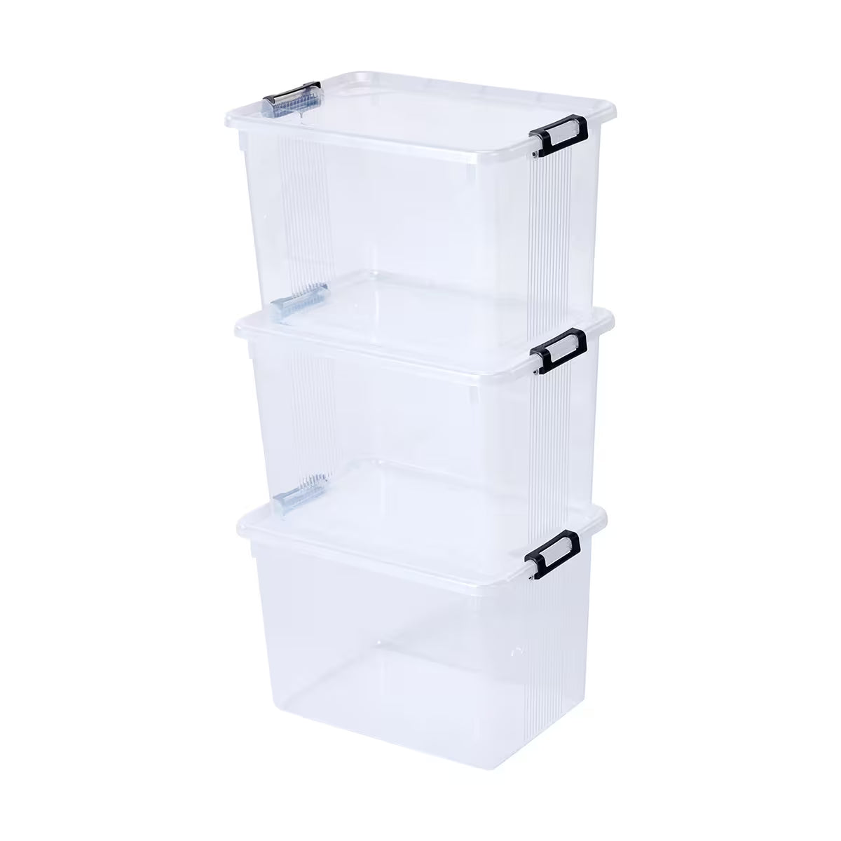 3 pack 20L storage tubs stacked with secure lids – space saving storage solution