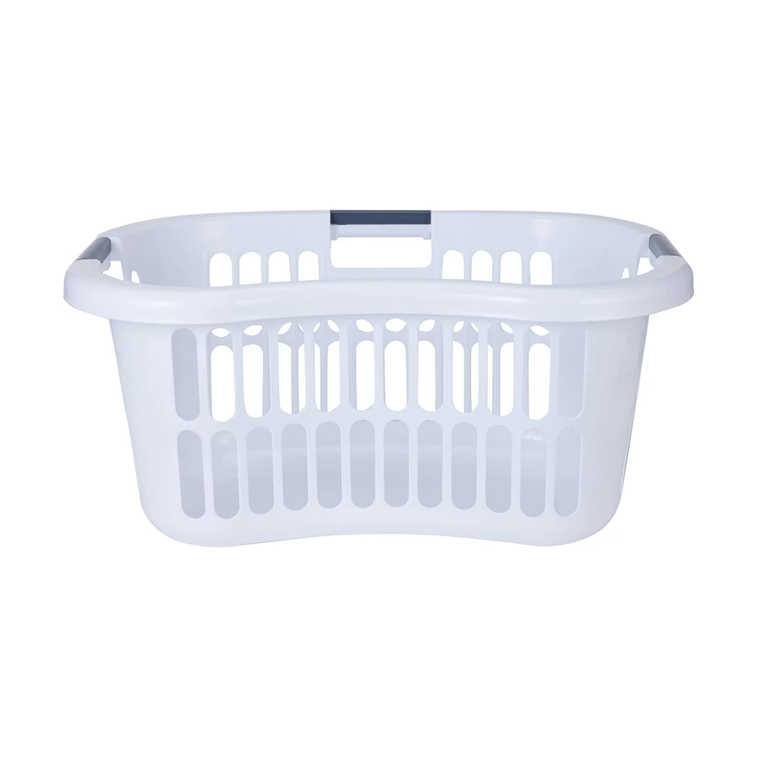 Curved white laundry basket with side handles