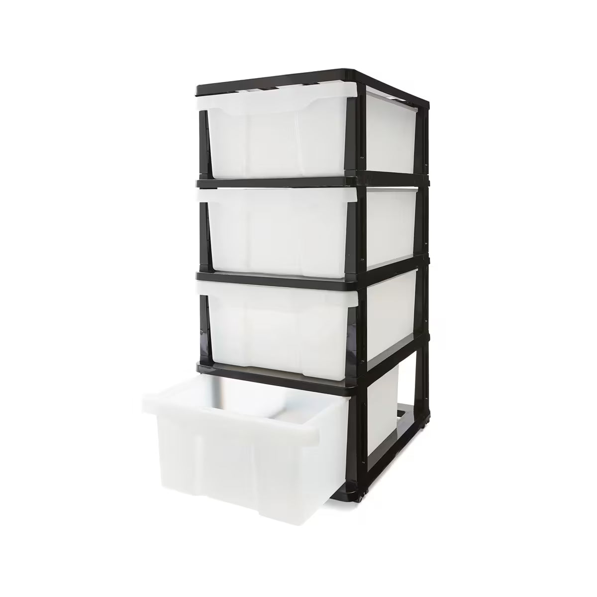 Plastic drawer tower with wheels – side view
